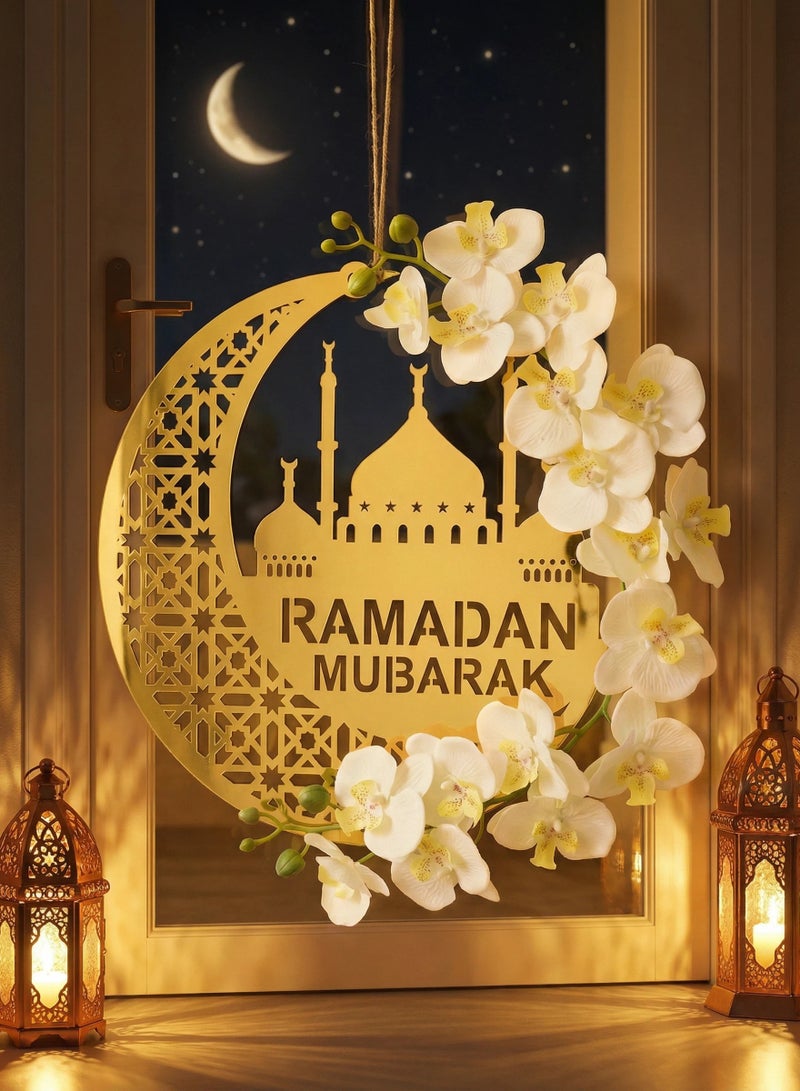 لافتة باب ذهبية من الأكريليك مكتوب عليها "رمضان كريم"، لوحة جدارية إسلامية دائرية مجوفة للمسجد بمناسبة رمضان وعيد الفطر، ديكور منزلي إسلامي أنيق لغرفة المعيشة أو غرفة الحفلات، تصميم داخلي للمنزل - Image 1